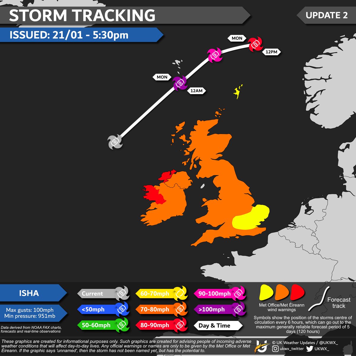 UKWX_'s tweet photo. Storm Tracking - #stormIsha

[UPDATE 2] Storm Isha nearing peak intensity. Wind and rain beginning to push in, with peak winds occurring between 6pm - 6am. There is a small risk of an isolated tornado as it passes through, especially across Ireland and Scotland.

Intensity specifics (max potential gusts)

MON
12am - 110mph
6am - 95mph
12pm - 85mph

Impacts from Isha are likely to continue past 12pm tomorrow, albeit wind will be much reduced as strongest of the winds transfer towards Denmark and Scandinavia.