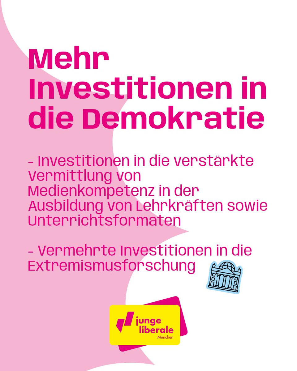 JuLisMuenchen's tweet photo. Als Jugendorganisation ist es uns ein besonderes Anliegen, junge Menschen mit liberalen und demokratischen Ideen zu überzeugen! 

In einer von Youmocracy München organisierten Podiumsdiskussion zu diesem Thema hat unsere Stadtvorsitzende Cora Anuth unsere Ideen vorgestellt: eine unüberwindbare Brandmauer, eine Modernisierung der politischen Bildung und mehr Investitionen in die Demokratie. (Details in den Sharepics) 🧑🏽‍🏫📈🗳️

Die Verteidigung unserer Demokratie gegen jede Form von Extremismus ist tief in den Prinzipien der Liberalen verankert und wir setzen uns auf allen Ebenen dafür ein! 🚀

#DafürStehenWir

📸: Allen Xu