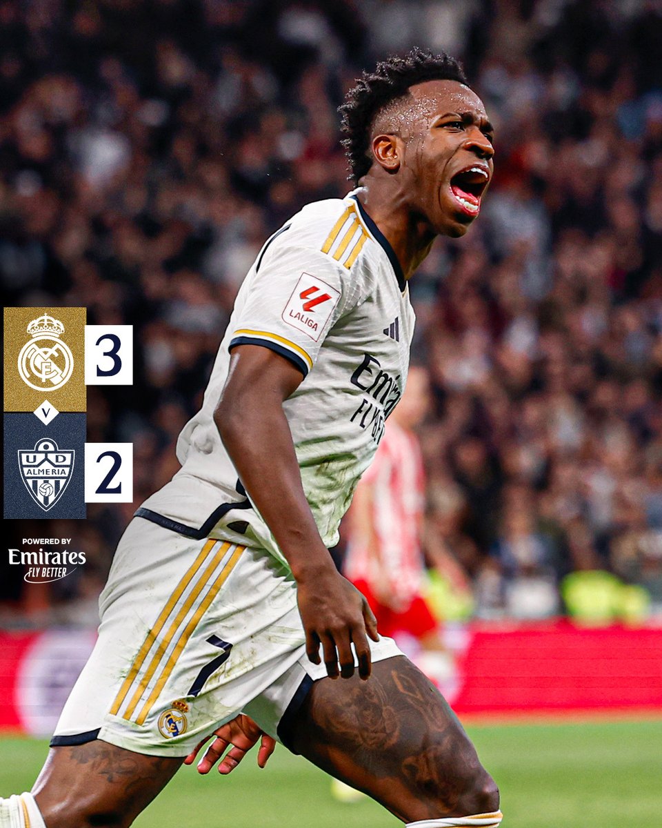 realmadrid's tweet photo. 🏁 @RealMadrid 3-2 @U_D_Almeria
⚽ 1' Ramazani
⚽ 43' Edgar
⚽ 57' @BellinghamJude (p.)
⚽ 70' @vinijr
⚽ 90'+9' @DaniCarvajal92
#RealMadridAlmería | #Emirates https://t.co/3gULYlIsgL