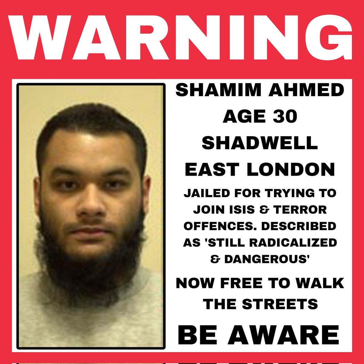 A muslim man who was jailed for trying to join ISIS is now free to walk British streets after a 6 year sentence despite warnings that he is still radicalized & dangerous.