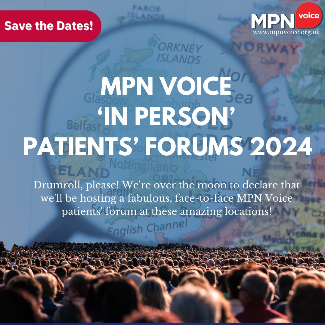 Here’s a sneak peek of what’s coming up! MPN Voice is excited to announce in-person patient forums in Oxford, Belfast, Liverpool, Newcastle-upon-Tyne, and Leeds and also save the dates for Cambridge and Dublin. Don’t miss out linktr.ee/Mpnvoice #mpnsm