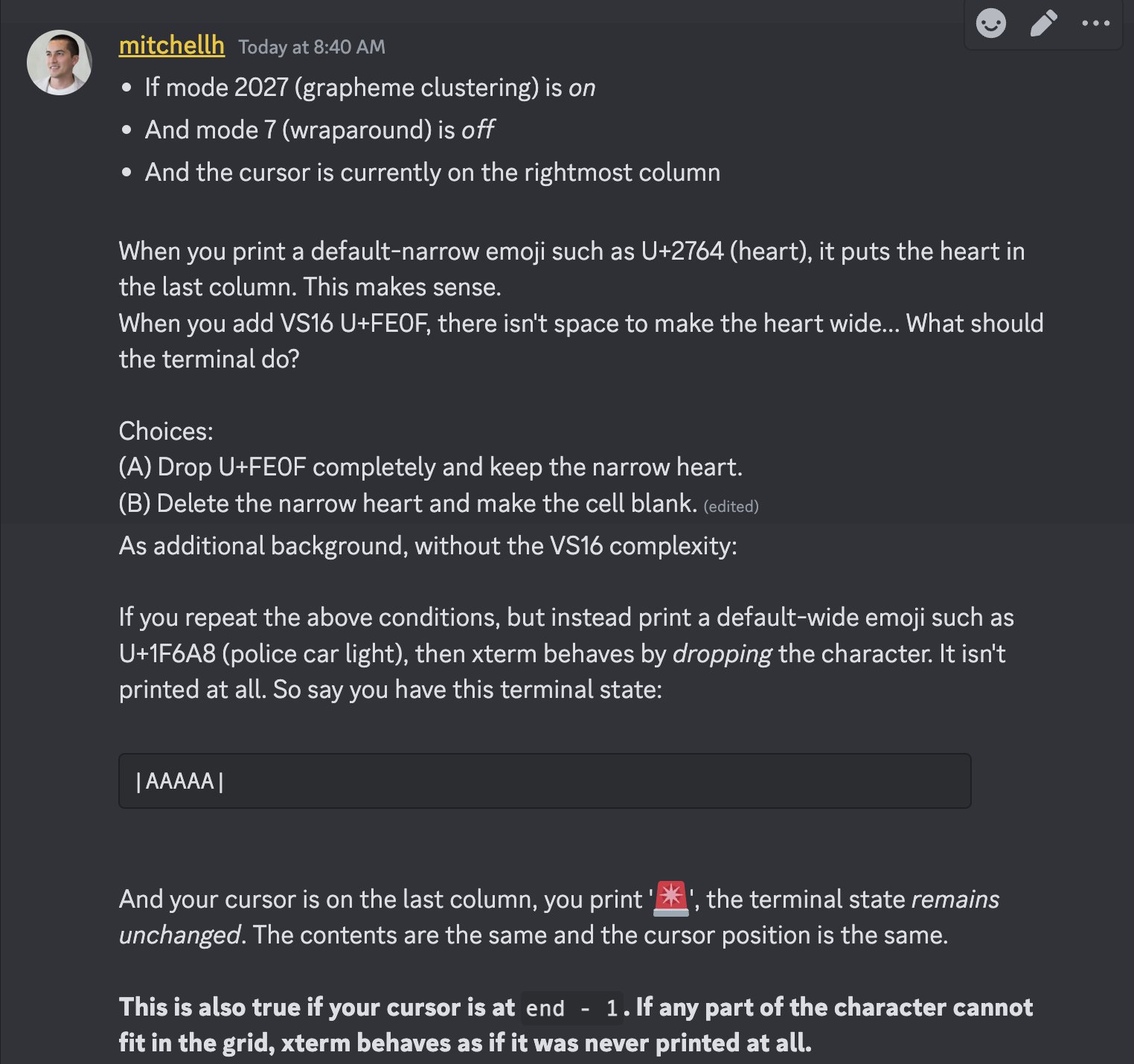 Mitchell Hashimoto on X: The edge cases in the interaction between  terminal features designed in the 70s plus wide characters plus Emoji  variation selectors (VS15VS16) is endless. This isnt hypothetical nerd  porn