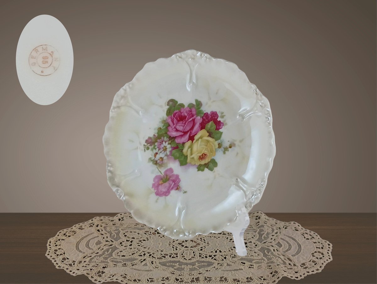 Rose Bouquet Lusterware China Plate Porcelain Serving Dish Embossed Pink Yellow Roses forgottenkeepsakes.etsy.com/listing/164843… #pink #yellow #ceramic #antiquechina #lusterware #decorativeplate #wallplate #displaychina #rosebouquet