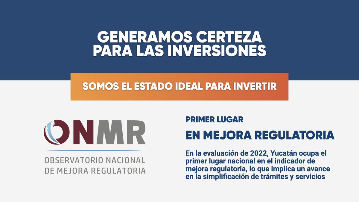 MauVila's tweet photo. Somos el estado ideal para invertir ocupando el primer lugar en mejora regulatoria del ONMR en la evaluación 2022, lo que implica un avance en la simplificación de trámites y servicios gubernamentales. #5toInformeVila #CambioYTransformacion https://t.co/iqG3Roosdb