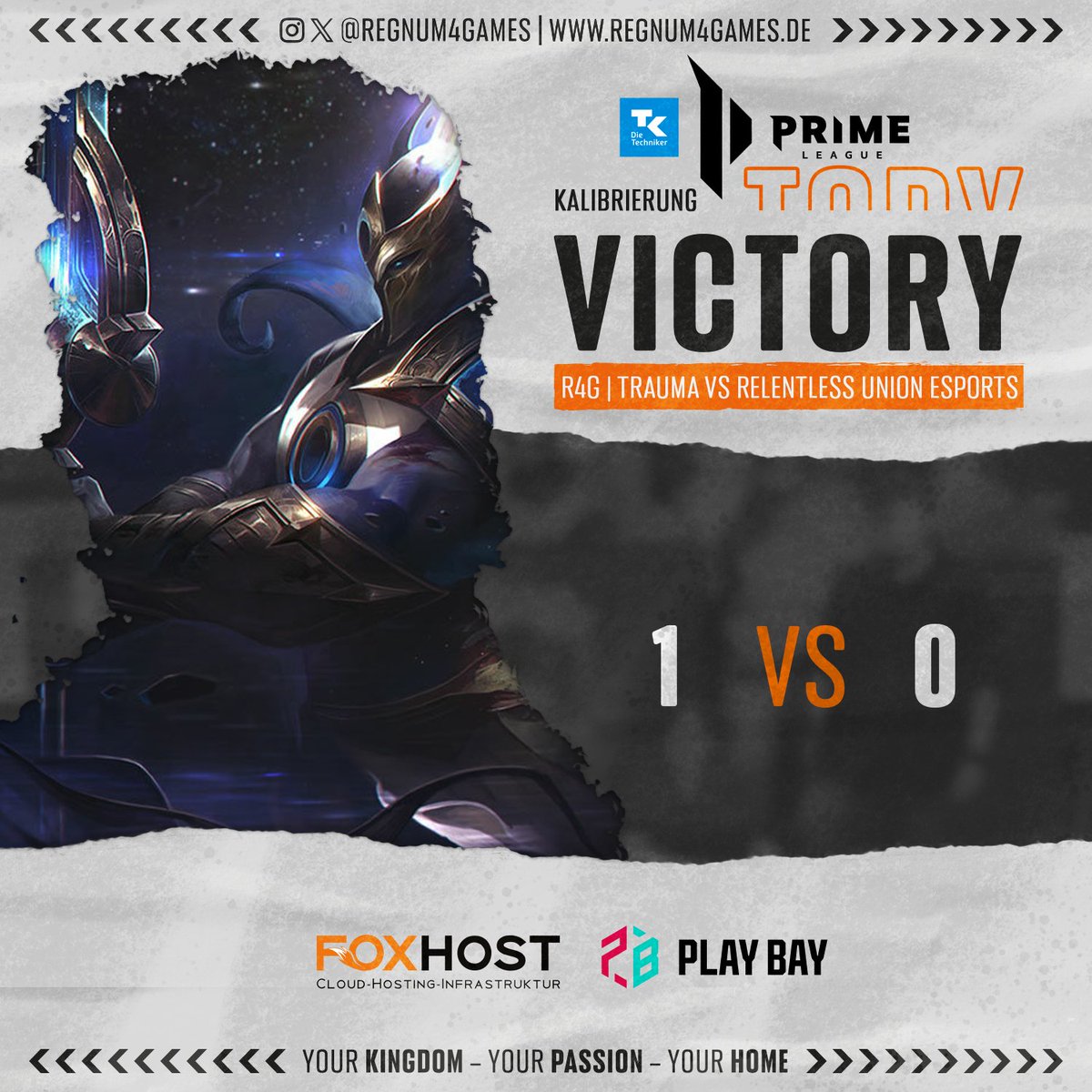 regnum4games's tweet photo. 👑#TKPRM KALICUP👑

Finales Spiel - siebter Sieg! Damit sichert sich R4G | Trauma einen Slot in der 6. Liga! Mit 7:2 kann man die Kalibrierung der @PrimeLeague als erfolgreich bezeichnen! 

Wir bedanken uns bei @Frixxum und Caine für die grandiosen Casts!

#getcrowned | #r4g | #primeleague