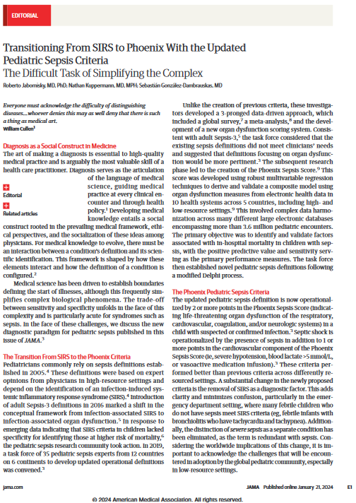 Editorial: Transitioning From SIRS to Phoenix With the Updated Pediatric Sepsis Criteria ja.ma/4beQLF8 #SCCM2024