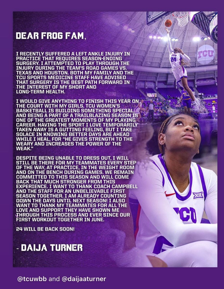 Please put my daughter <a href="/daija_turner/">DaiJa Turner</a> in your prayers. She will have surgery. She said this is just a temporary setback. She will make a strong come back with your prayers and GOD’s grace.  Pray for all the ladies of TCU <a href="/tcuwbb/">TCU Women’s Basketball</a> they are going through setbacks with injuries 🙏🏾 🙏🏾
