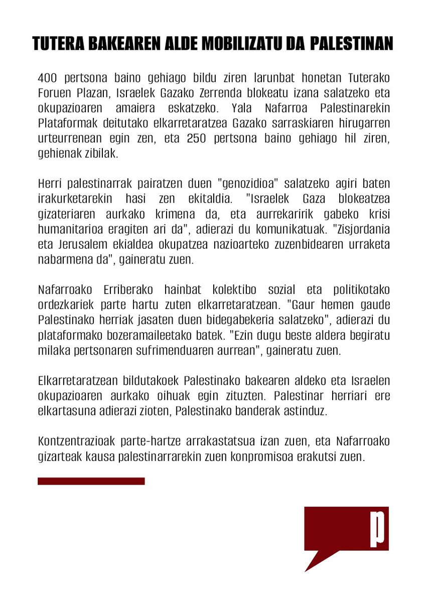 Politika | 🇵🇸

Tutera bakearen alde mobilizatu da Palestinan

400 pertsona bildu ziren Foruen Plazan, Israelen blokeoa salatzeko eta okupazioaren amaiera eskatzeko.