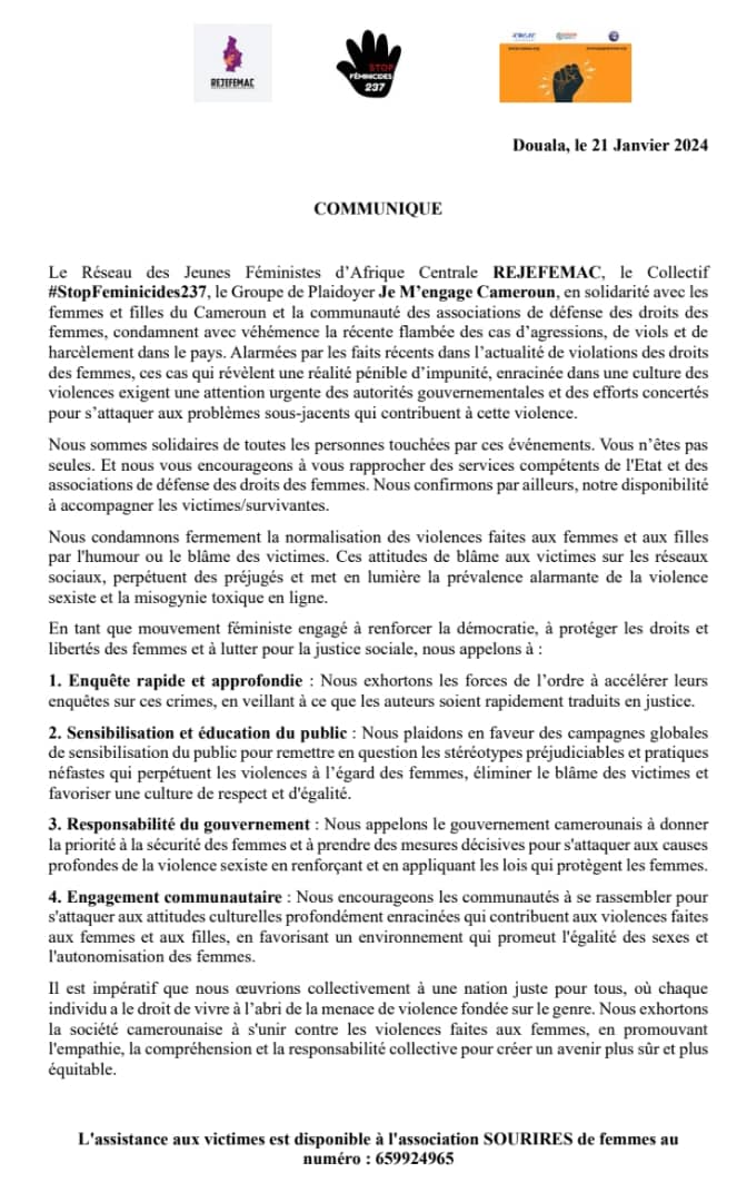 feminicides237's tweet photo. COMMUNIQUE DU MOUVEMENT DES FÉMINISTES CAMEROUNAISES suite à l'actualité en cours sur Les violences faites aux femmes et aux filles au Cameroun

STOP AUX PREDATEURS SEXUELS
#Justicepourlesvictimes https://t.co/XI7eMbtvqe