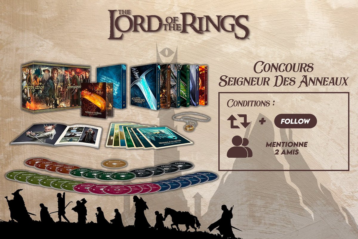 CONCOURS 🎁 Tentez de gagner ce coffret 4K ‘TERRE DU MILIEU’ Hobbit-Seigneur des Anneaux ! Pour participer : ▫️Follow @tori10__ et @Romuscley89 ▫️RT le tweet 🔁 ▫️Mentionne 2 amis 💬 Résultat le 28/01 ! Bonne chance🍀