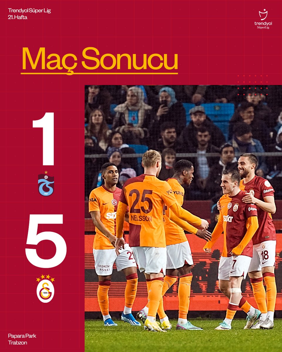 Trabzon deplasmanında 3️⃣ puanı 5️⃣ golle alıyoruz! 💪🦁

Maç sonucu: Trabzonspor 1-5 Galatasaray 👏

#TSvGS