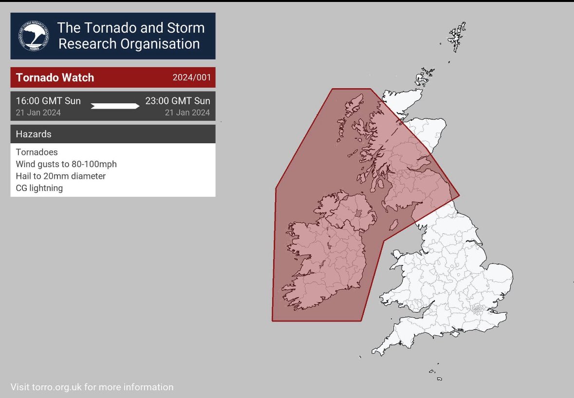 Bloody hell - A #tornado watch for the whole of #Ireland, western & southern #Scotland. I don't recall ever experiencing this in Ireland before, but I could have missed it. The weather of your youth is over.