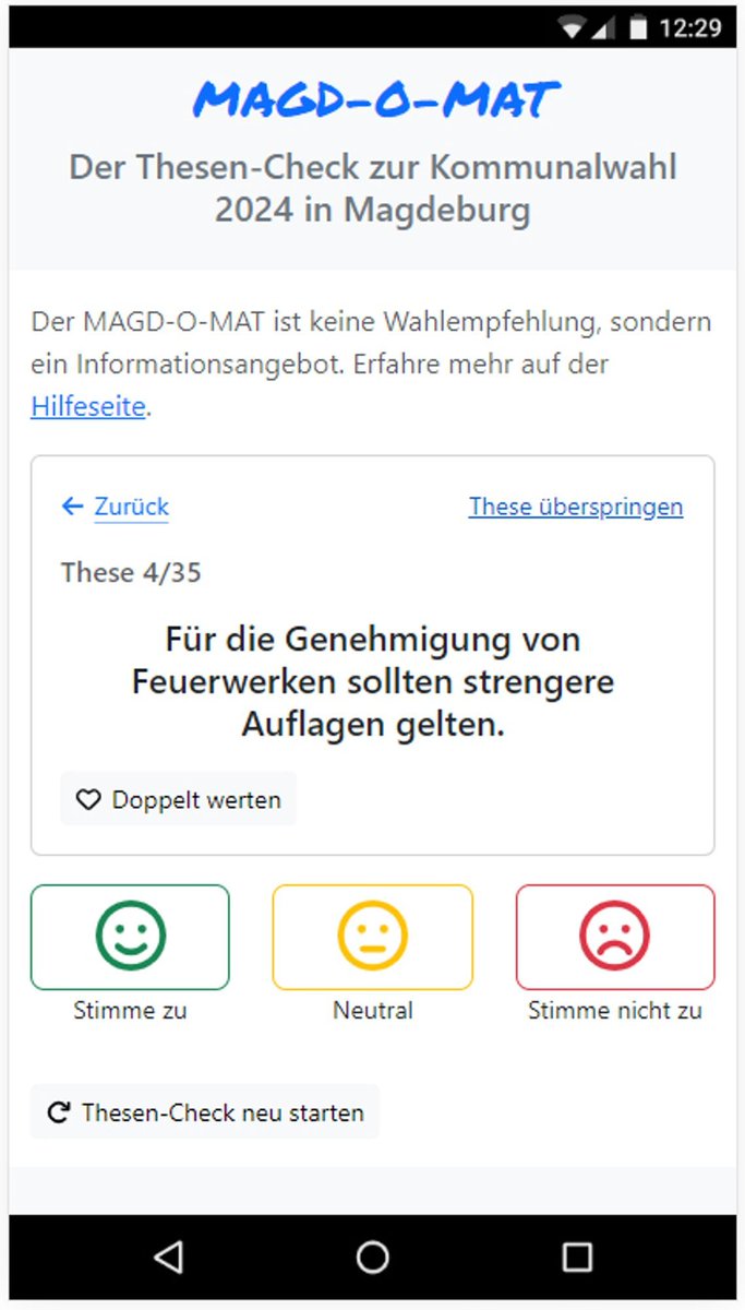 Ein WAHL-O-MAT für die Kommunalwahl in #Magdeburg ist in Arbeit. Die Technik steht bereits. Es fehlen noch Inhalte. magdeburg-waehlt.de Wie sieht es in Halle aus? Gibt es denn da Pläne oder Interesse so etwas bereitzustellen? @dubisthallede