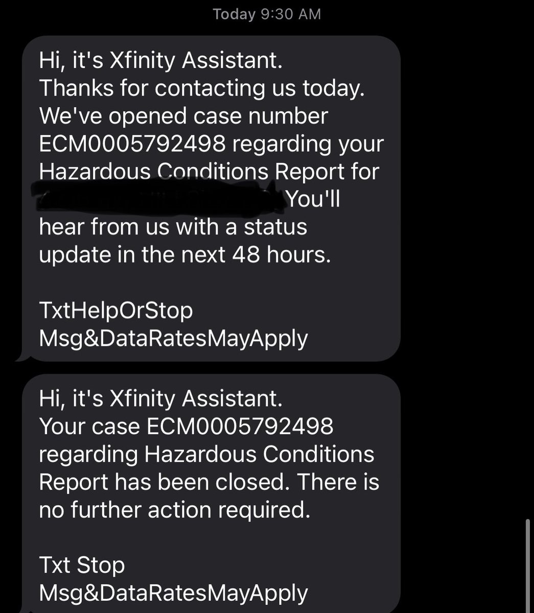 Has anyone had success getting in touch with a human at <a href="/XfinitySupport/">Xfinity Support</a> ?

We have wires laying across our yard, a dangerous situation (on top of no internet service for 10 days)

I submitted the report and had it closed within 30 minutes, with no human reaching out.