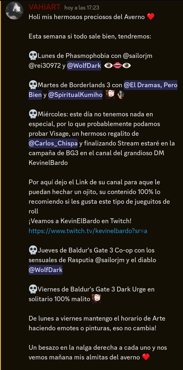 Hola gentecita hermosa del averno 🖤 vengo a sacar el polvillo de aquí porque se que no uso mucho esta app para adultos 👀 X.... Y como no tengo mucho espacio para escribir aquí dejo una foto de lo que se viene esta semanita  resto de info en mi Díscord. 🖤😘