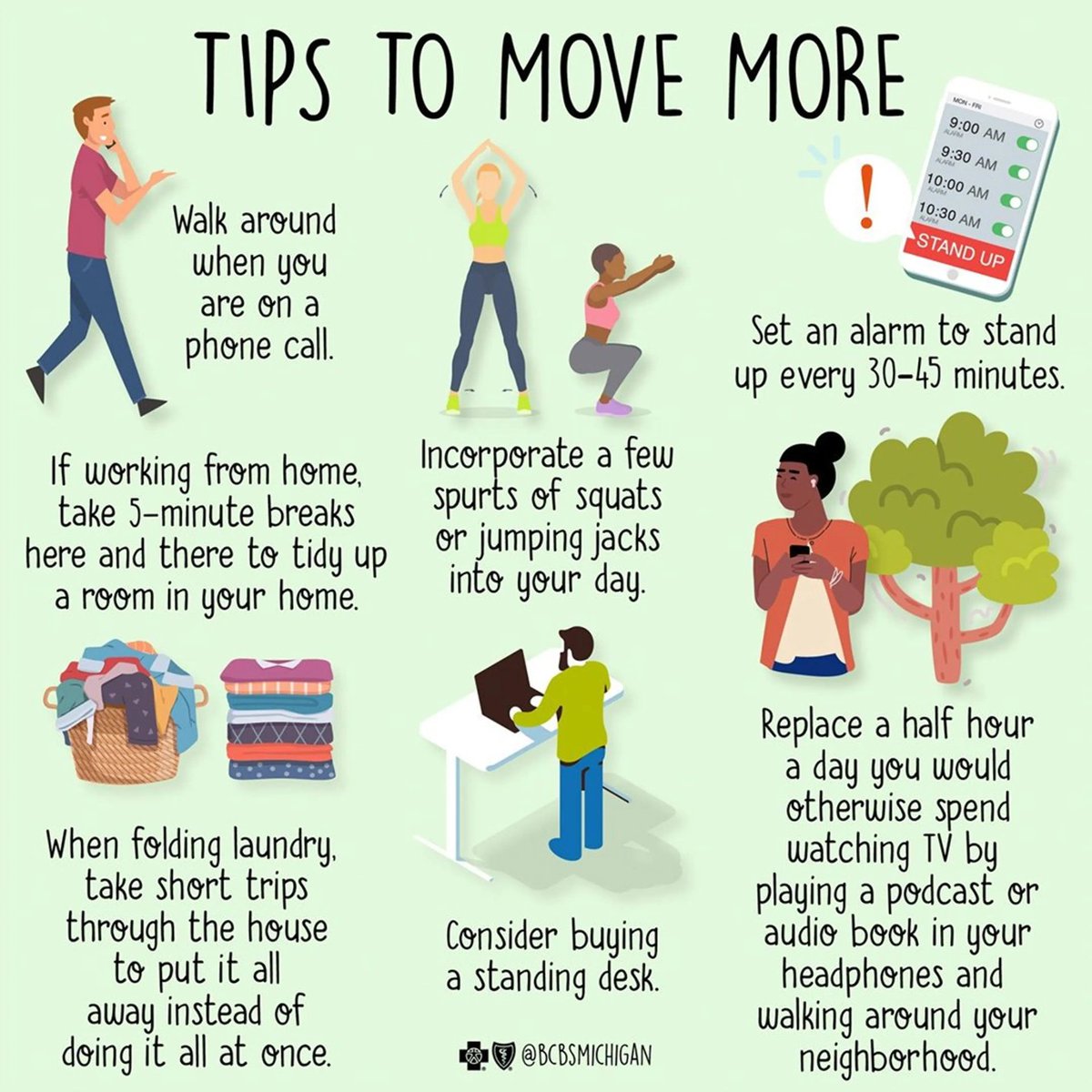 Combat a sedentary lifestyle by integrating movement into your day. 

Take the stairs, opt for a standing desk,or schedule walk breaks. 

Decrease sedentary risks for heart disease and improve mental health. #MoveMore