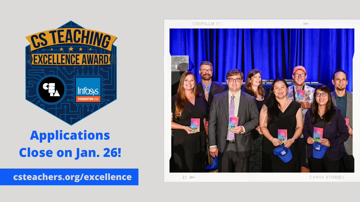 Applications for the CSTA / @infyfoundation CS Teaching Excellence Awards are closing on Friday! Complete your application to be recognized for the amazing work you do in the classroom: csteachers.org/excellence