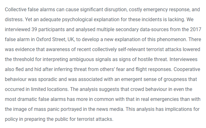 New pre-print from <a href="/ESRC/">Economic and Social Research Council</a> <a href="/Crowd_Flight/">Crowd Flight</a>:

'Explaining a collective false alarm: Context and cognition in the Oxford Street crowd flight incident'

qeios.com/read/32WFAB