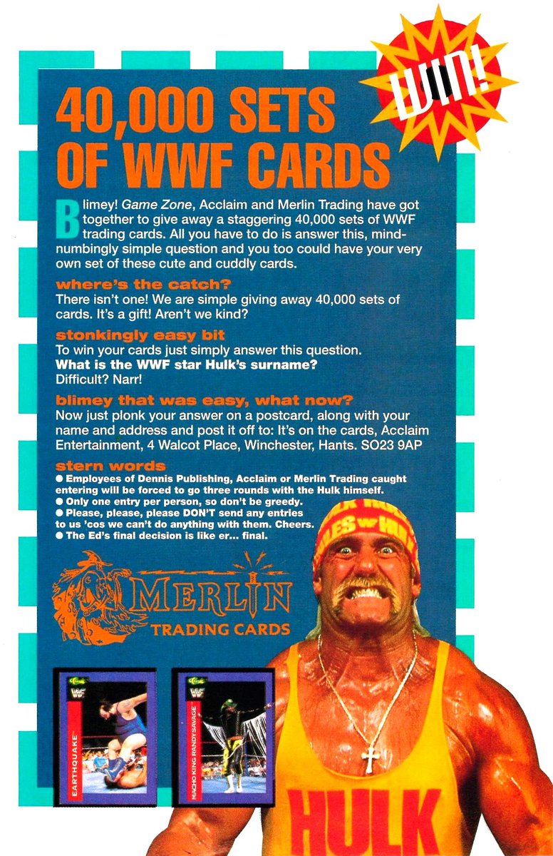 Win 40,000 sets of WWF cards! Competition from Game Zone magazine, January 1992. #WWF #WWE #Wrestling #ClassicGames #HulkHogan