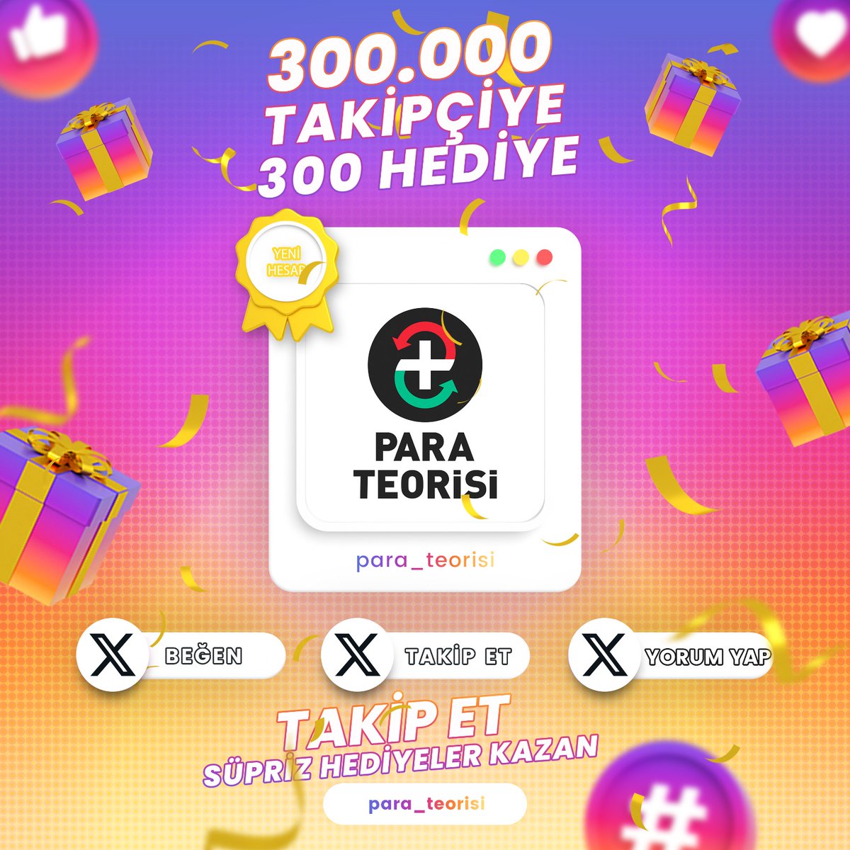 300.000 takipçiye özel tam 300 kişiye hediye gönderiyoruz 🎁🎉
Bu hediye bana çıkmaz demeyin şansınızı deneyin.

Kitaplar, eğitimler ve en önemlisi sizin adınıza yardım kuruluşlarına yapacağımız bağışlar.

1. ) Takip et @ParaTeorisi
2. ) Tweeti beğen ve RT et 
3. ) Instagram