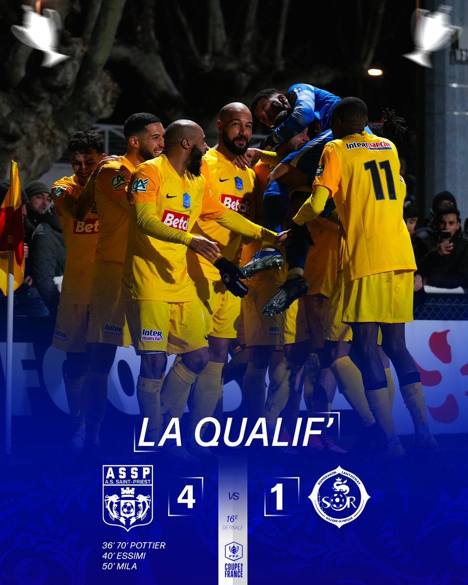 assaintpriest's tweet photo. ⏹ ASSP-SOR | 🟡4-1🟢 | ⏱90’

HIS-TO-RI-QUE !!! L'AS SAINT-PRIEST SE QUALIFIE EN 8ÈME DE FINALE DE COUPE DE FRANCE POUR LA PREMIÈRE FOIS DE SON HISTOIRE 🔥 https://t.co/atyrWzFiq2