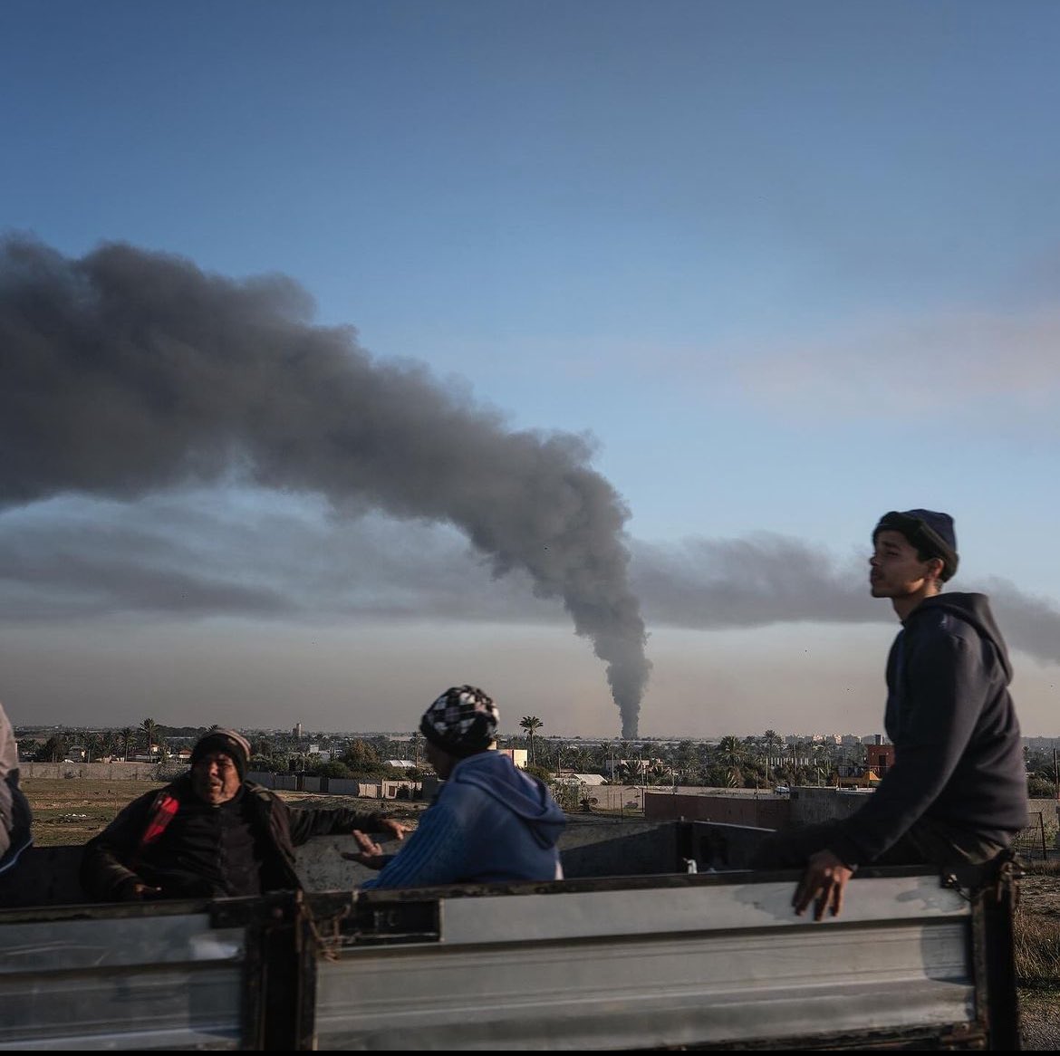 Huge flames of fire rising in the sky of Khan Yones after an Israeli air strike