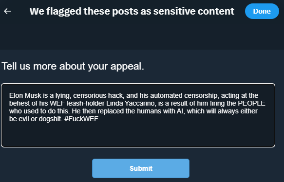 Here's more 'sensitive content' for AI Space Karen baby-in-chief Elon Musk and his globalist mommy kink Linda Yaccarino.

#FuckWEF - #FuckAI