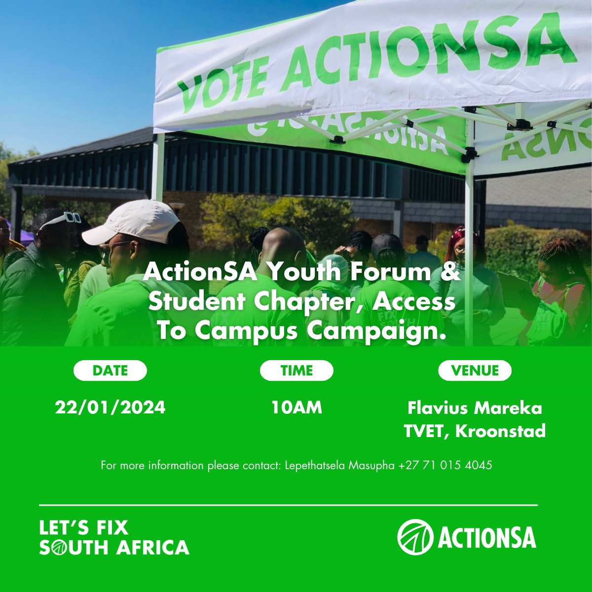 ActionSAYF_FS's tweet photo. ACCESS TO CAMPUS CAMPAIGN 2024.

Dear Prospective and Returning Students, if you are at the following tertiary institutions tomorrow &amp; might need any assistance with registrations, accommodation, or finance related queries, please go to your nearest ActionSA Gazebo. https://t.co/TXfEy4Wp25