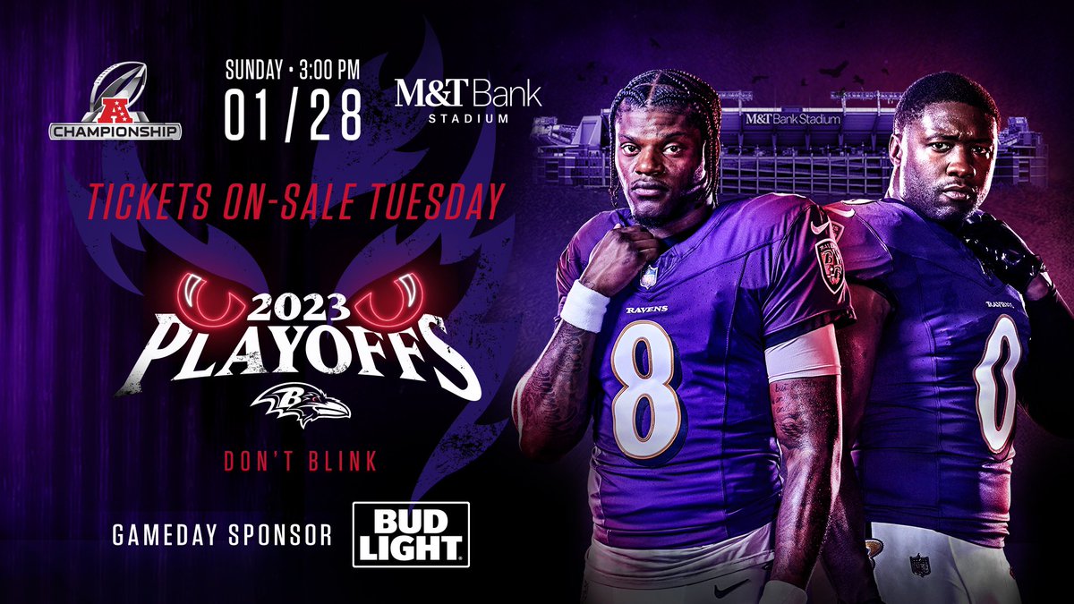 Ravens's tweet photo. Tickets for the AFC Championship will go on sale Tuesday‼️

https://t.co/D3bMTwMgzg https://t.co/CD60I20N5k