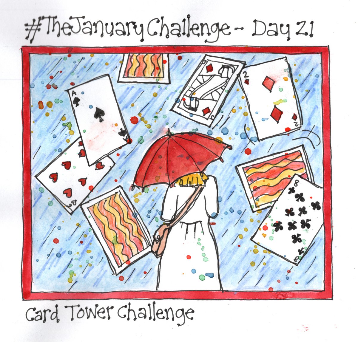 MaureenMace's tweet photo. #TheJanuaryChallenge #Day21
Prompt was 'Card Tower Challenge', think it was supposed to be a video of playing cards falling but... Not sure what my interpretation is about though.
&amp; just realised I didn't colour in the Jack!
#sketchaday #drawing #packofcards @64M_Artists https://t.co/a1HjOGSb7D