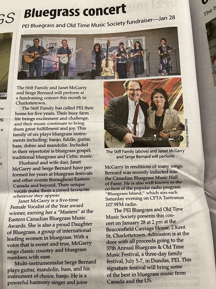 Don't miss this....Bluegrass Concert, Sunday, Jan. 28, 2 PM, Beaconsfield Carriage House featuring Janet McGarry &amp; Serge Bernard and The Stiff Family Band.