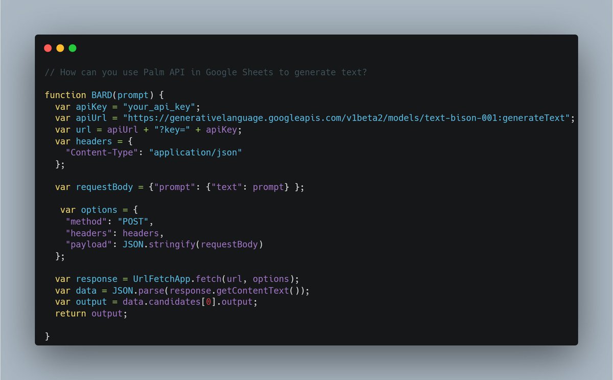 bhatnagardaksh1's tweet image. 🔮 Unleash Google BARD in #GoogleSheets! 
Simply input a prompt, & watch your virtual poet craft creative text! 
Powered by Google #GenerativeLanguage API, BARD works behind the scenes to generate unique content. Copy the code into #GoogleAppScript & let #BARD take it from there