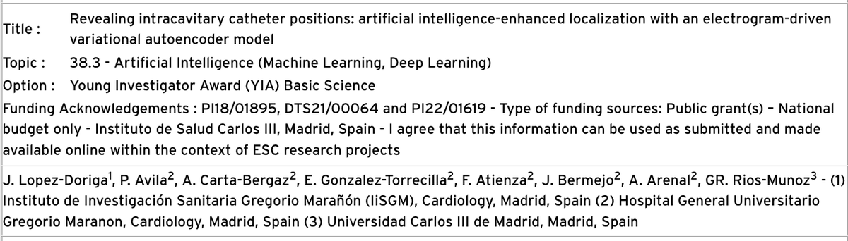 Gonzalo R. Ríos-Muñoz (@griosmunoz) on Twitter photo Our abstract has been accepted for #EHRA2024! Exciting news—we'll be presenting it as finalists in the Young Investigator Award (YIA) Basic Science session!
#ArtificialInteligence #Electrophysiology #PersonalizedMedicine <a href="/escardio/">European Society of Cardiology</a> <a href="/uc3m/">UC3M</a> <a href="/ciencia_uc3m/">Divulga UC3M</a> <a href="/iisgmaranon/">Instituto de Investigación Gregorio Marañón</a> Our abstract has been accepted for #EHRA2024! Exciting news—we'll be presenting it as finalists in the Young Investigator Award (YIA) Basic Science session!
#ArtificialInteligence #Electrophysiology #PersonalizedMedicine <a href="/escardio/">European Society of Cardiology</a> <a href="/uc3m/">UC3M</a> <a href="/ciencia_uc3m/">Divulga UC3M</a> <a href="/iisgmaranon/">Instituto de Investigación Gregorio Marañón</a>