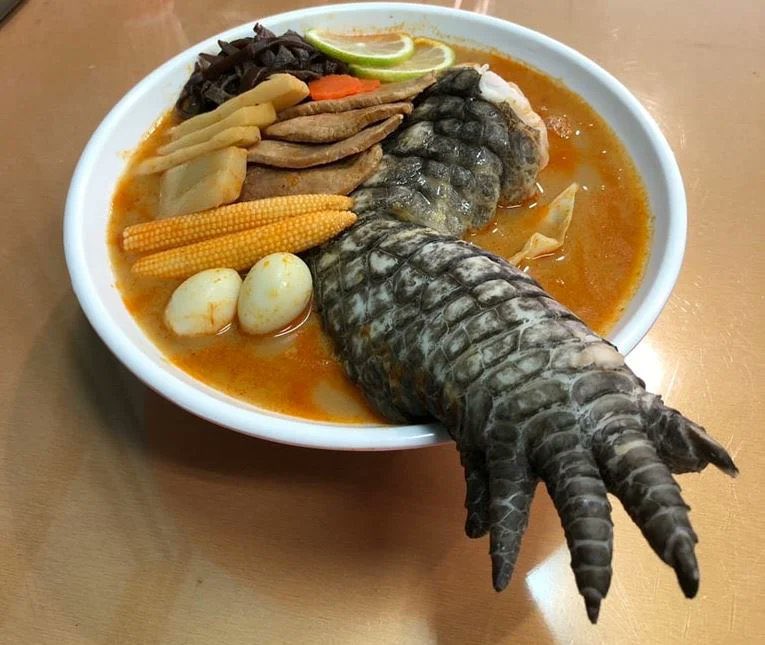 Taiwan restaurant serves 'Godzilla Ramen' that comes served with a full crocodile leg sticking out of it.