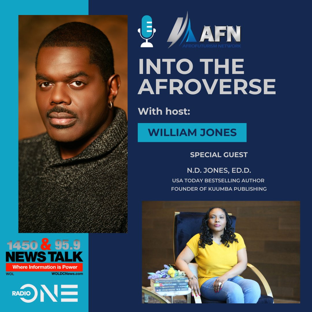 Join us on 1/23 as we welcome @NDJonesAuthor  to #IntoTheAfroVerse. She will be discussing her latest work, 'Harriet's Escape'. Airs Tues 10 AM on WOL1450, 95.9 & woldcnews.com.  AFN YouTube channel: youtube.com/@afrofuturismn….  #afrofuturism #authors #talkradio