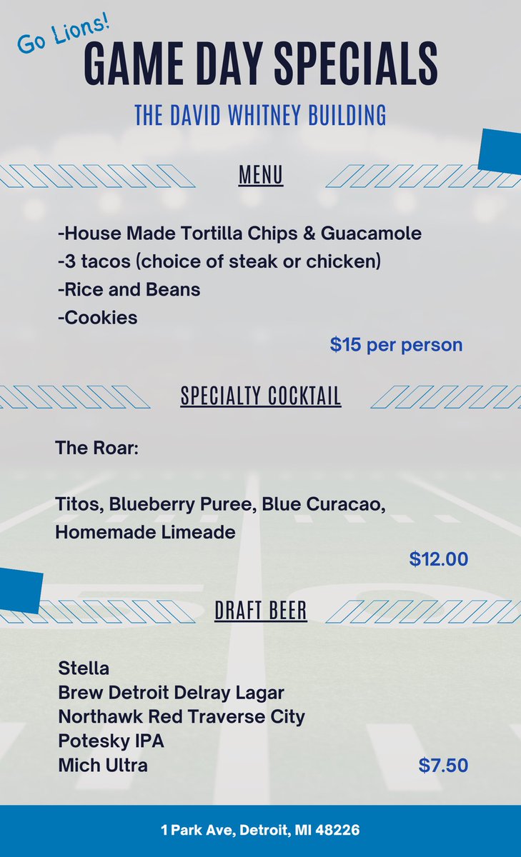 What a great day it is, in downtown Detroit! 👏Put on your Lions gear and come down to our place for some delicious Game Day Specials! 

Let’s go Lions!