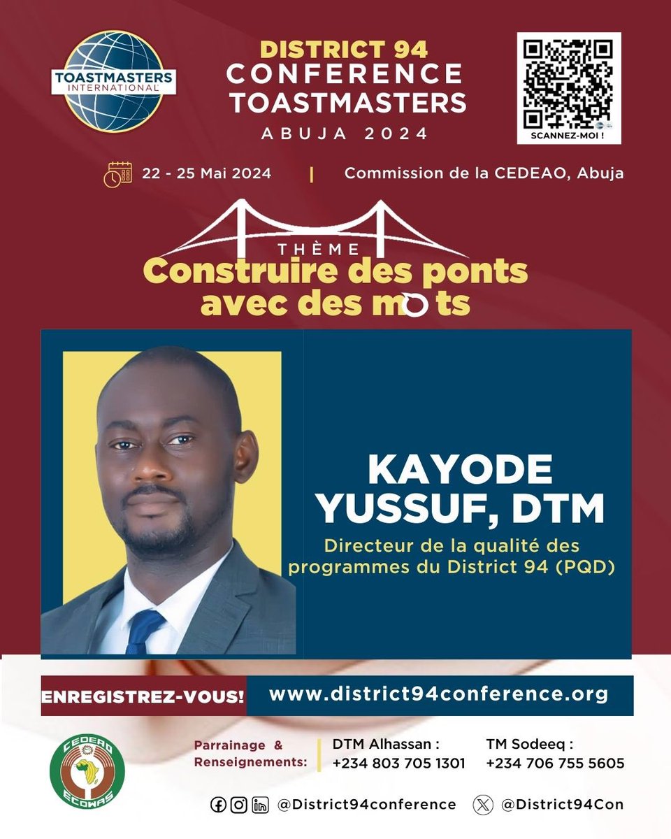 Savez-vous que vous pouvez CONSTRUIRE DES PONTS AVEC DES MOTS ? 

Rejoignez la plus grande rencontre de dirigeants d’Afrique en mai 2024 ! 

Rencontre: KAYODE YUSSUF, DTM
 
Inscrivez-vous ici : 👇🏽 

district94conference.org

Mercy George-Igbafe 
Directeur Marketing Digital