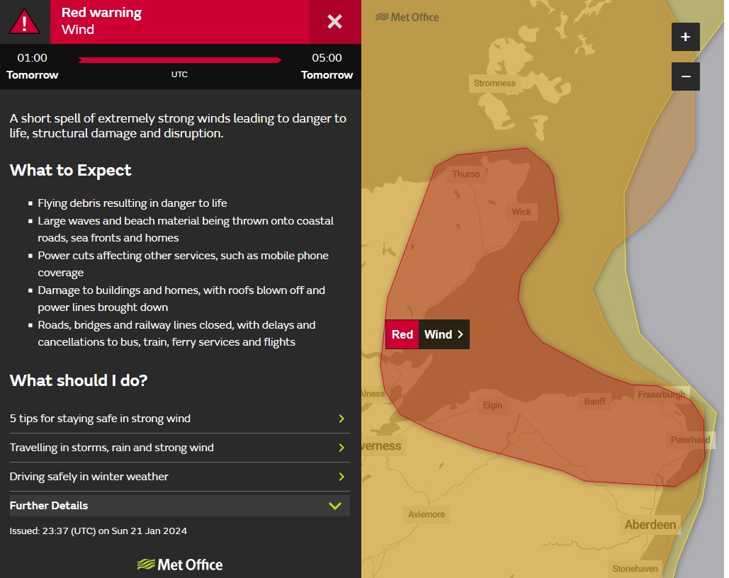 ⚠️⚠️🔴 Red weather warning issued 🔴⚠️⚠️ Wind across northeast Scotland Monday 0100 – 0500 Latest info 👉 bit.ly/WxWarning Stay #WeatherAware ⚠️