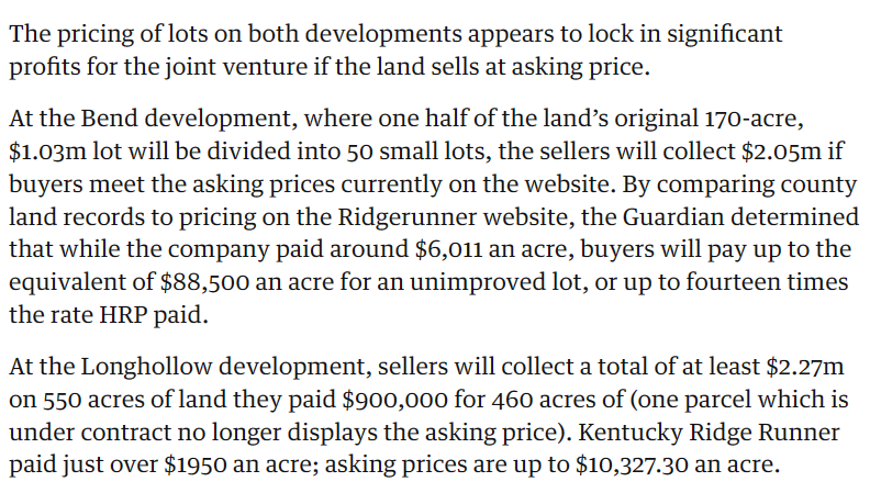 Second, the article shows, to put it charitably, serious gaps in knowledge about how real estate development works (and of course, insinuates the worst based off this abject ignorance).

Mr. Wilson should google "land survey," "absorption rate," and "subdivision value." 7/
