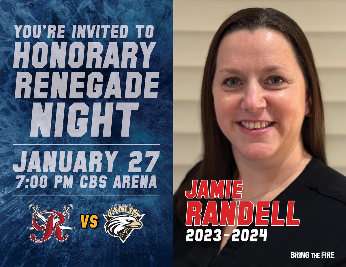 CBRRenegades's tweet photo. RANDELL HONORARY RENEGADE 
This year’s Honorary Renegade  is Paradise native Jamie Randell, with an impressive 30-year hockey background as a player, coach, and volunteer.
Join us Sat., Jan. 27, 7:00pm, CBS Arena. 
Jr Renegades vs Northeast Eagles. @sjjuniorhockey @TownofCBS https://t.co/1zxESBmUXT
