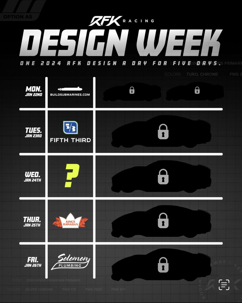 RFKracing's tweet image. Alright, let's do this ‼️ 

Starting tomorrow at 10AM ET, you'll get 5️⃣ straight days of 2024 RFK design unveils. We'll update this thread daily as designs are released 👌🏼