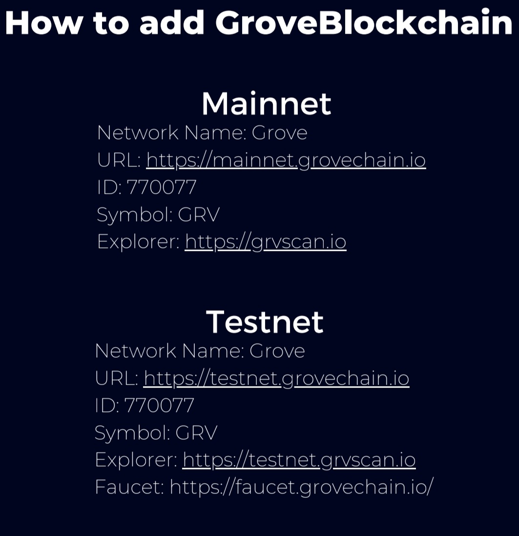 As per both @JohnGh87 and @CarloDCGT growing the #GroveBlockchain is a key work focus of 2024 for our team 🛠

Make sure you're ready to take advantage of all the exciting opportunities coming for #GRV on the native network with the connection details below! 👇👇

If you can't