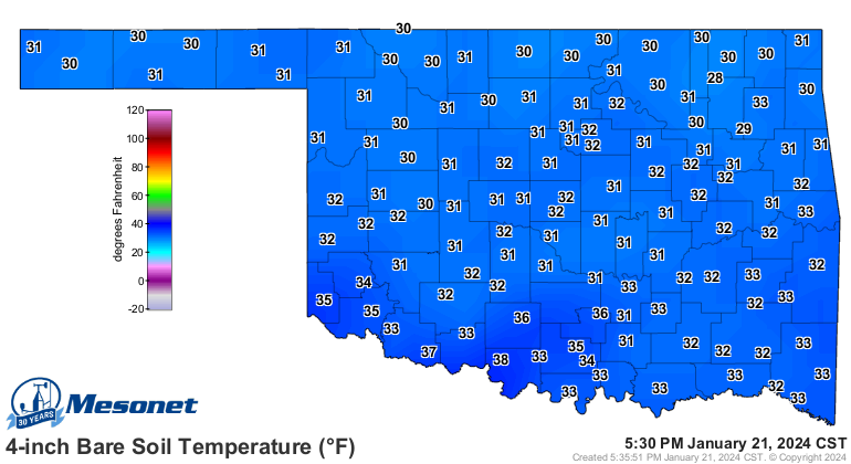okmesonet's tweet photo. With the recent cold weather the current soil temperatures near the surface are either freezing or very close to it. Icing will be highly likely as we go into the evening and overnight hours. #okmesonet https://t.co/alFPj0rXmJ