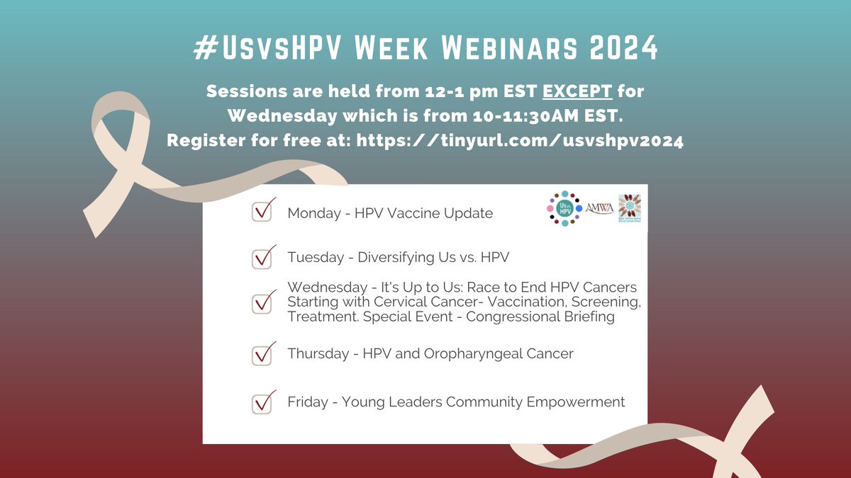 HPV Prevention Week #UsvsHPV Webinar Series starts tomorrow from 12-1pm EST daily (except Wed. from 10-11:30am ET) Jan 22-26. Register for free to join live or access recording: bit.ly/hpvweek2024 @AMWAdoctors @GIAHC #MedTwitter