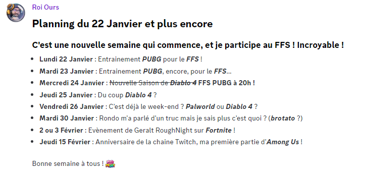 et beh planning surprise !
bonne semaine à tous ! 
❤️