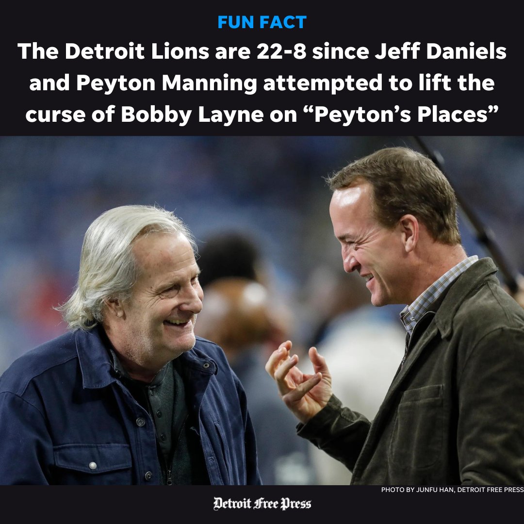freep's tweet photo. During an episode of "Peyton's Places" that aired in October 2022, Jeff Daniels and Peyton Manning attempted a ritual inside Ford Field to end the "Curse of Bobby Layne," often blamed for the Lions' decades of futility.

Maybe ... they ... actually did it?! 

📸: @junfuphoto https://t.co/pQngmLJOYw