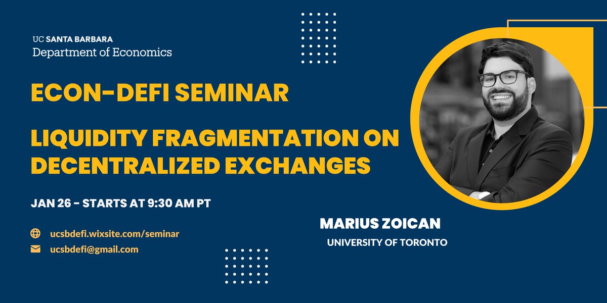 UCSBDeFi's tweet image. This Friday, we have an amazing talk by @mariuszoican of @UofT lined up 馃挕
Join us at ucsb.zoom.us/j/83534029174 !!
#ucsbdefi #GradforGrad