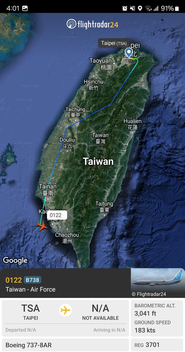 Borrowed7Time's tweet photo. Taiwan AF B737-8AR reg. 3701 #89910F as 0122 departed Taipei (TSA), landing at Kaohsiung (KHH). This is the presidential aircraft. https://t.co/MCkeCTjrur