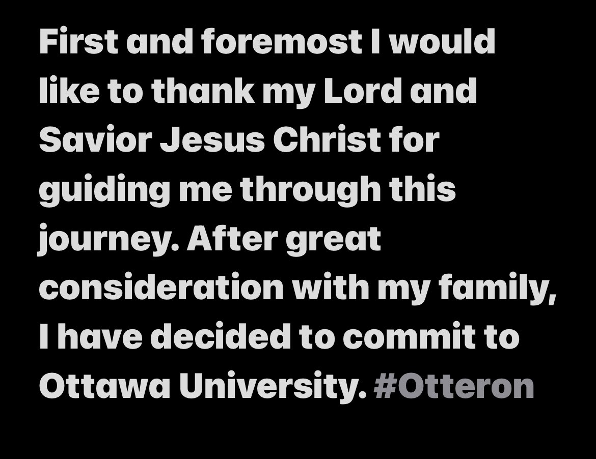 #AGTG After a great talk with my family and a great visit with <a href="/CoachNickDavis/">Nick Davis</a> and <a href="/Coach_CAnderson/">Coach CA</a> I am 100% committed to Ottawa University. #OtterOn