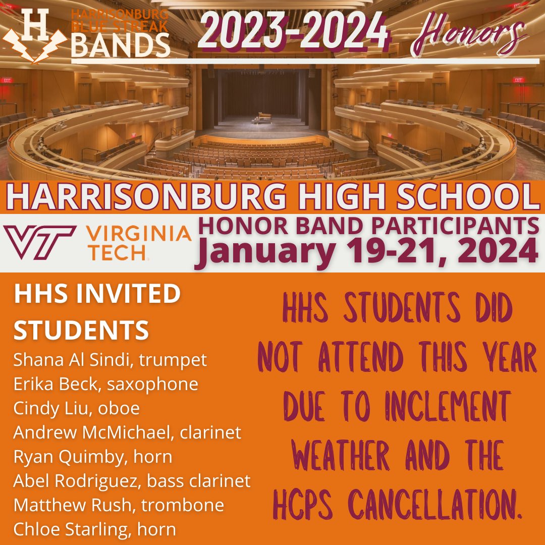 We’re so sad our students selected for @VTBands Honor Band did not get to attend this year due to inclement weather. We still want to give those accepted recognition, though!